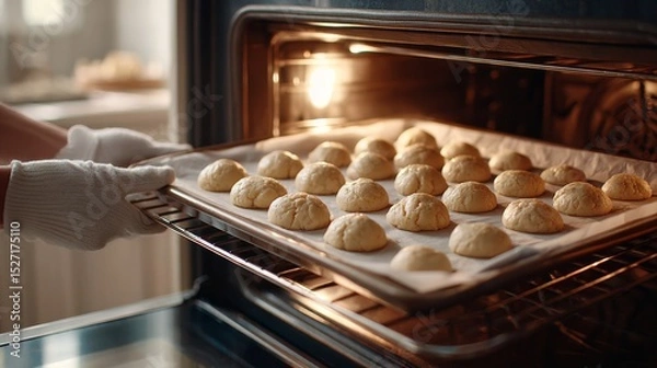 Fototapeta The shot focuses on the glowing oven with cupcake batter going into the oven. The gloved hand of a young Korean man reaches in, creating a soft and warm kitchen atmosphere with modern details.