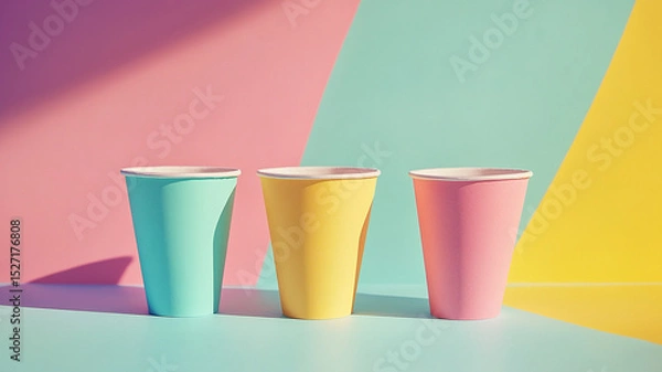 Fototapeta Three Colorful Paper Cups on Gradient Background