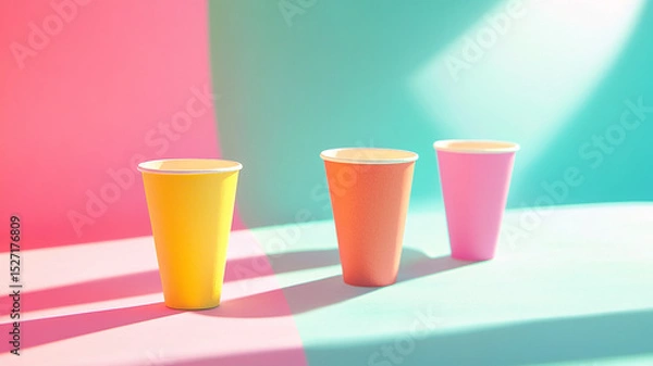 Fototapeta Three Colorful Paper Cups on Gradient Background