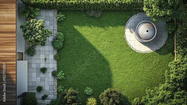 Fototapeta Top View of a Garden with Circular Septic Tank