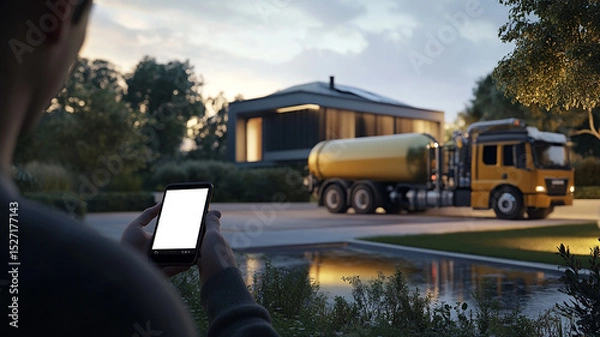 Fototapeta Ordering Septic Truck via App in Front of Modern House