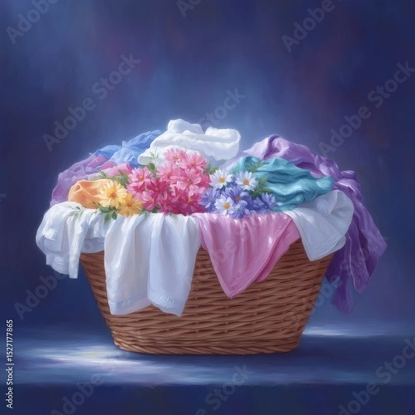 Fototapeta Overflowing Laundry Basket  Colorful Clothes  Flowers  Soft Lighting  Domestic Scene