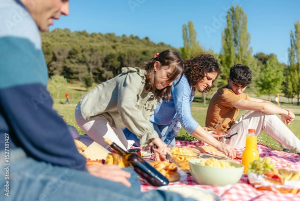 Fototapeta Family having fun eating and playing together during a picnic lunch in a sunny park