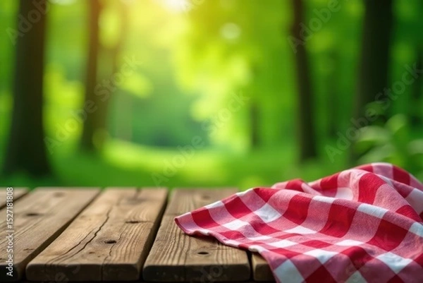 Obraz Old wooden table, red and white gingham cloth, blurred forest backdrop, forest, texture