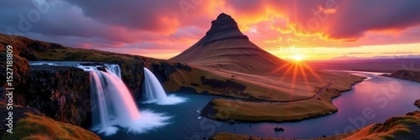 Obraz Dramatic sunset illuminates Kirkjufellsfoss cascading down Kirkjufell , picturesque scenery, golden light