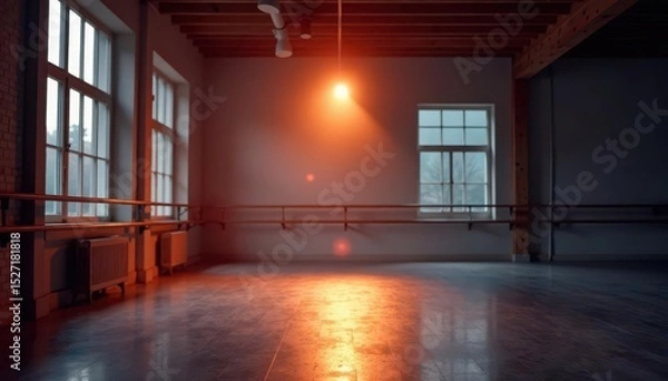 Obraz Single spotlight illuminates empty ballet studio, barre in focus , ballet, stillness, empty space