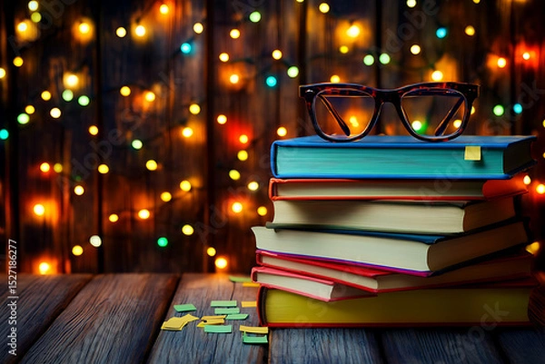 Obraz Stack of colorful books with eyeglasses on top against a wooden background with string lights