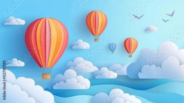 Obraz Paper art style colorful hot air balloons floating in sky with clouds and sun, flat vector illustration, bright cute cartoon design, simple lines, minimalism, shadowless, clear details, high resolutio
