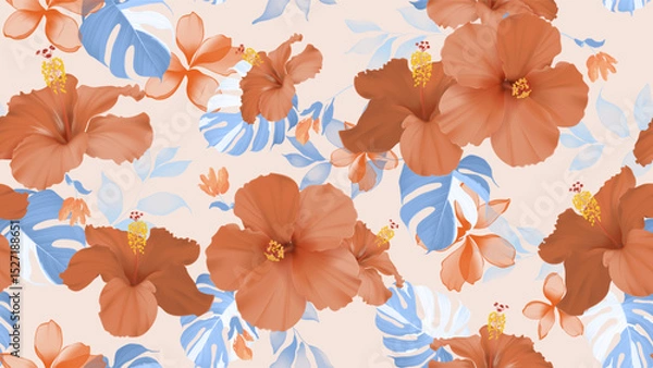 Obraz Floral seamless pattern features large red hibiscus flowers and smaller orange blossoms, interspersed with light blue monstera leaves on a light orange background