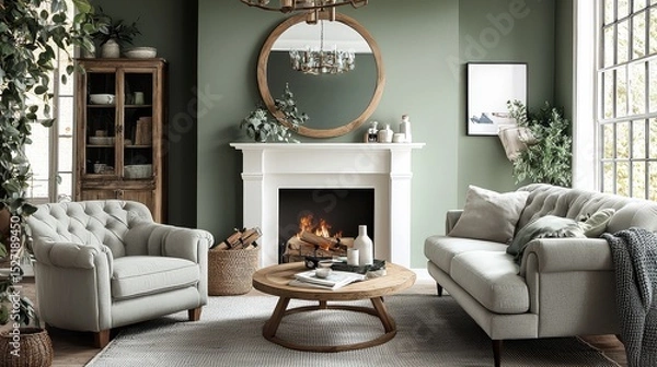 Fototapeta Modern farmhouse living room with green wall, white fireplace, large mirror, grey armchair, light grey sofa and wooden chandelier