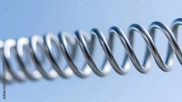 Fototapeta Closeup of metal spring stretched to its limit with smooth shiny surface against soft blue background, showing tension and flexibility in coil design