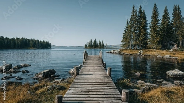 Fototapeta A weathered wooden dock extends into a tranquil lake.