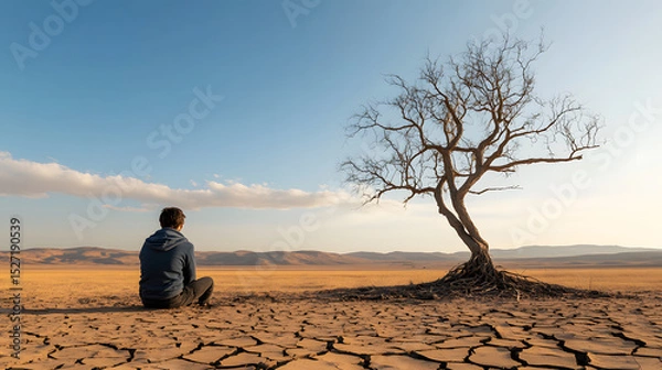 Fototapeta Lone person sitting on cracked dry earth near leafless tree under clear sky, evoking sense of solitude and reflection in vast barren landscape