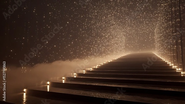 Fototapeta Lit Staircase with Smoke and Dazzling Sparkling Light, Mystical and Dreamlike Atmosphere