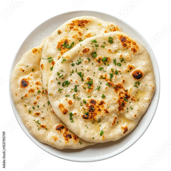 Obraz Freshly baked naan bread with golden brown crust, garnished with herbs, served on white plate, perfect for any meal