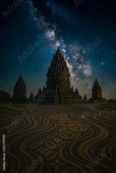 Obraz Prambanan Temple Under the Milky Way with Flowing Batik Kawung Motifs.