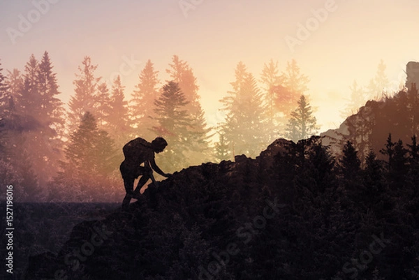 Fototapeta silhouette of a man climbing up to the mountain top, reaching your goals, never give up concept 