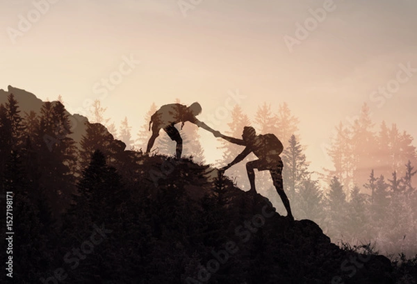 Fototapeta Male and female hikers climbing up mountain cliff and one of them giving helping hand.  People helping and, team work concept.
