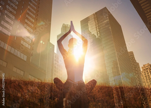 Fototapeta Person meditate, having a calm state of mind in city environment. At work wellbeing, focus, mind and concentration concept. Stress free work mental health.  Double exposure
