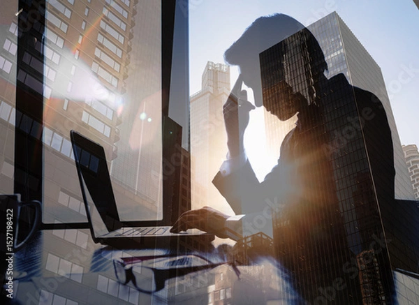 Fototapeta Headache, tired and businessman working in the office with eye strain from the computer or technology. Burnout, migraine and professional male employee doing research on a desktop in the workplace