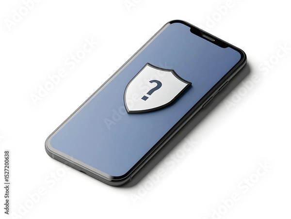 Obraz Smartphone with security shield and question mark on screen symbolizing digital protection uncertainty and cybersecurity risk concept