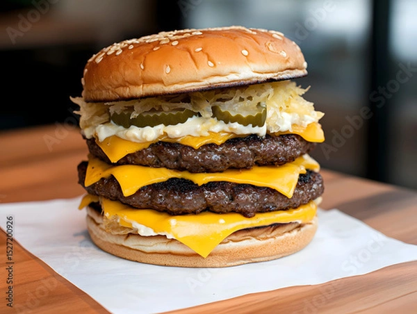 Obraz Double cheeseburger with two grilled beef patties, melted cheddar cheese, pickles, and creamy sauce on sesame seed bun, creating delicious and satisfying meal