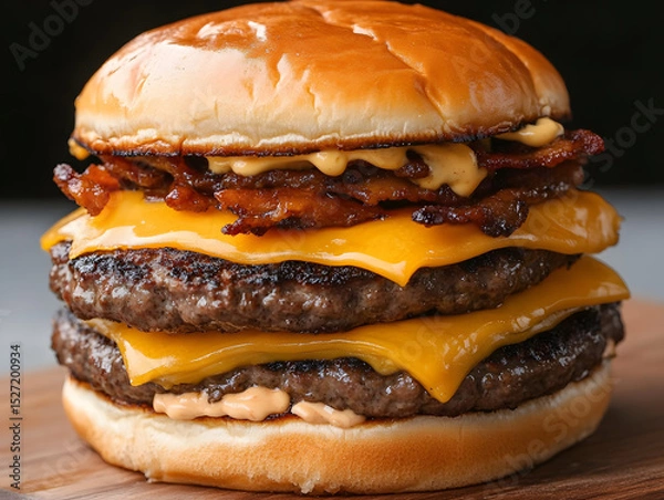 Obraz Double cheeseburger with crispy bacon and melted cheddar cheese stacked in soft bun, showcasing juicy and savory fast food meal that looks delicious and satisfying