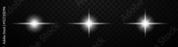 Obraz Realistic white glow lens flare effect vector set. Isolated glowing sparkle lights stars on dark background. Neon bright spotlight lens flares signs. Abstract illustration.