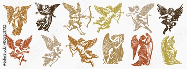 Fototapeta Golden cherubs on maroon background, element vector set