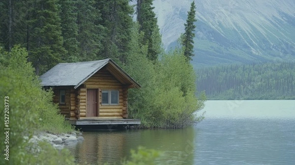Fototapeta Rustic log cabin nestled beside a tranquil lake in a forested mountain landscape.