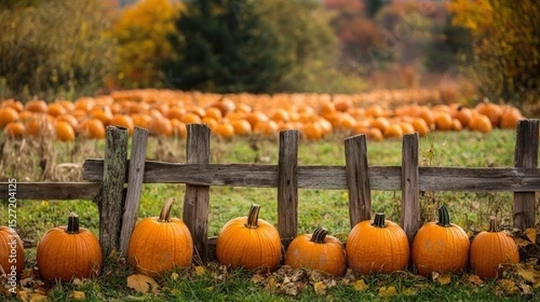 Fototapeta Autumnal pumpkins lined up behind a rustic wooden fence.