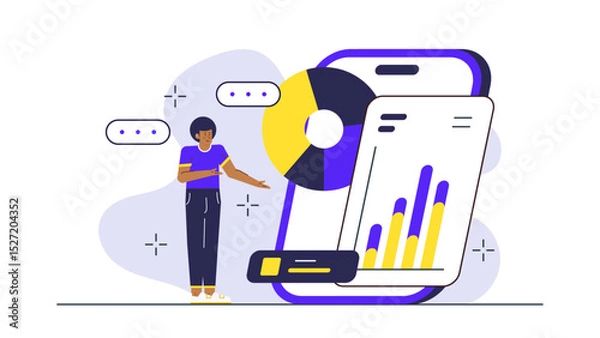 Fototapeta Man in a purple shirt points to a phone with graphs and pie charts, ideal for business presentations and technology concepts. Engaging visual for digital marketing materials.