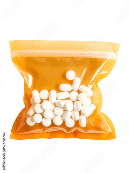 Obraz A brown plastic bag containing medicine from a hospital with white pills inside. On an isolated transparent background,