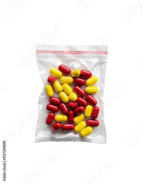 Obraz A white plastic bag containing red and yellow capsules from a hospital. On an isolated transparent background,