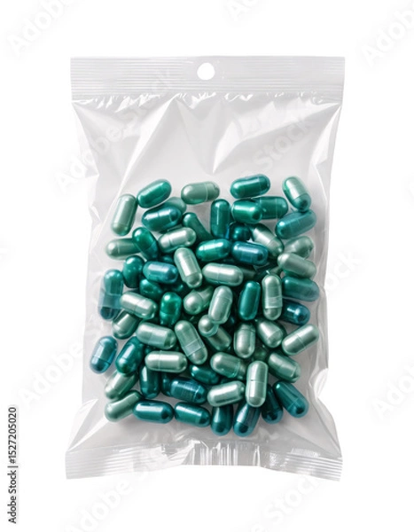 Obraz A transparent plastic bag containing blue-green capsules from a hospital. On an isolated transparent background,