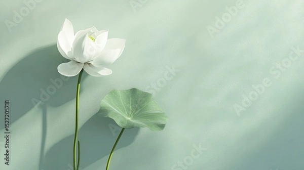 Obraz White lotus flower and leaf on green background with sunlight shadow.