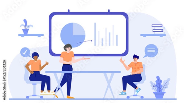 Fototapeta Three people in an office discussing business plans. Perfect for corporate team meetings, office dynamics, and collaboration concepts in workspaces.