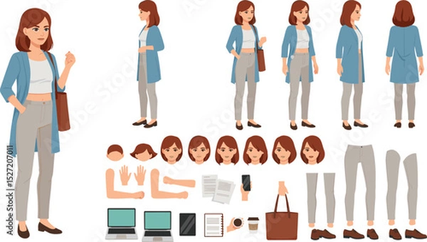 Fototapeta Young casual business woman character constructor for animation. Front, side and back view set.