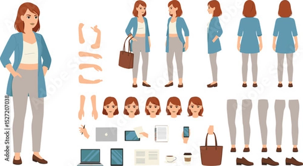 Fototapeta Young casual business woman character constructor for animation. Front, side and back view set.