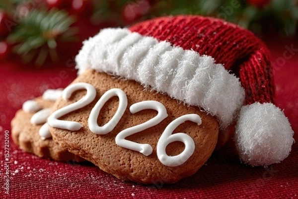 Obraz Decorated gingerbread with 2026 text . Santa's New Year's hat.