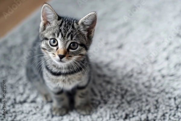 Obraz Adorable Gray Striped Kitten Sitting on Carpet with Thoughtful Expression.
