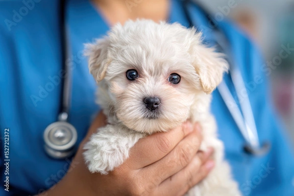 Obraz a veterinarian in blue scrubs holding a small fluffy white puppy.