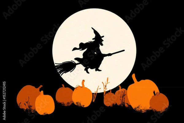 Obraz illustrator of a witch flying on a broomstick across a full moon with pumpkin Halloween.