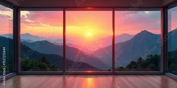 Fototapeta Open-plan space, large windows frame breathtaking sunrise over mountains, glass, bright