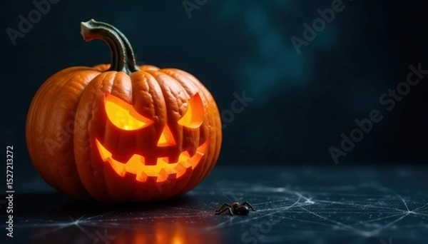 Fototapeta Vibrant orange pumpkin with spiderwebs on dark background, texture, scary