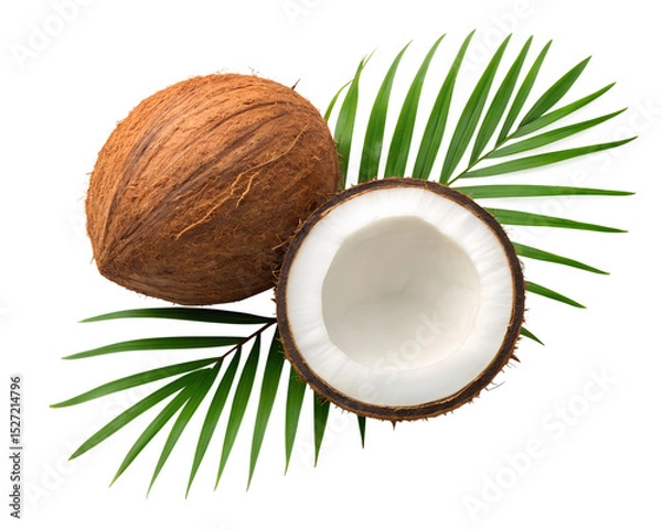 Fototapeta Whole and halved coconut with palm leaf isolated on transparent background