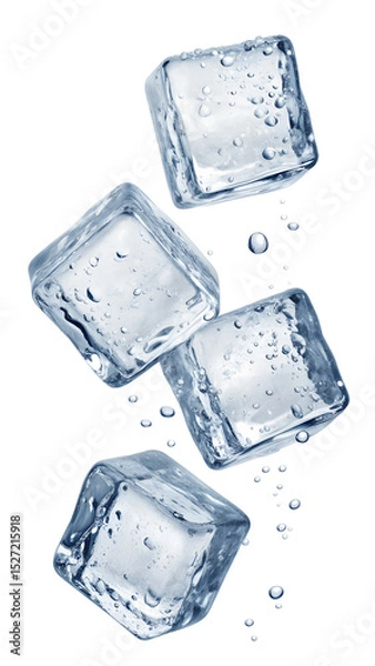 Fototapeta Four ice cubes falling with water droplets isolated on transparent background