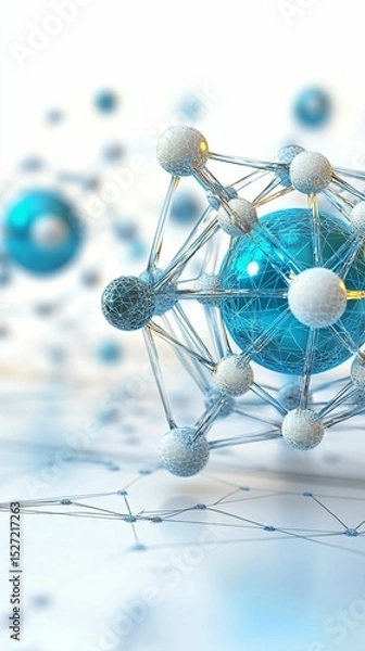 Obraz Blue and White Abstract Molecular Structure with Spheres and Lines