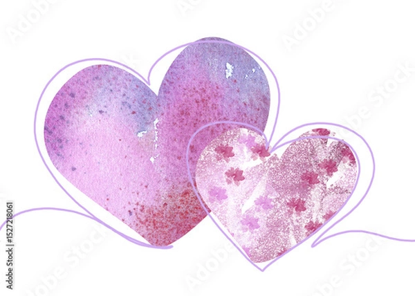 Fototapeta A pair of abstract watercolor hearts, a unique creative design. Two hearts on a white background, elegant illustration, sticker in pastel colors