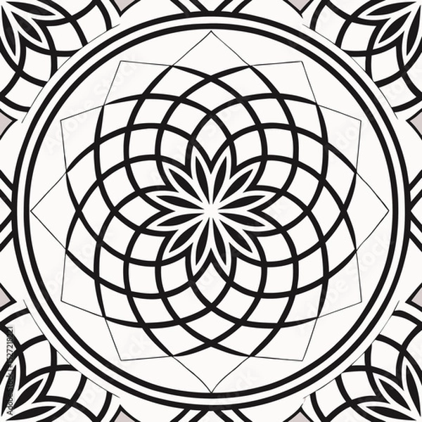 Fototapeta Intriguing mandala pattern with optical illusions and hidden imagery rendered in black and white with subtle color shifts. Impossible shapes and repeating patterns add a touch of visual complexity ag